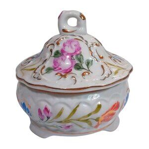 Limoges Victorian Footed Floral Embossed China Trinket Jewelry Box W/ Gold Trim